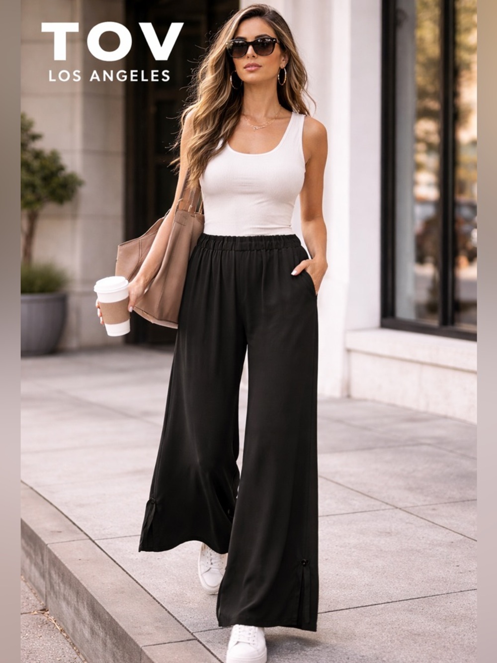 Tov,Los Angeles,Black Elastic Waist Pull-On Ankle-Tie Soft Trousers, Size 40/Med